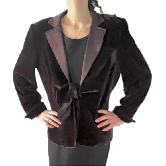 Vintage 90s Espresso Brown Velvet Blazer w/ Satin Shawl Collar & Bow Closure” - Picture 8 of 16